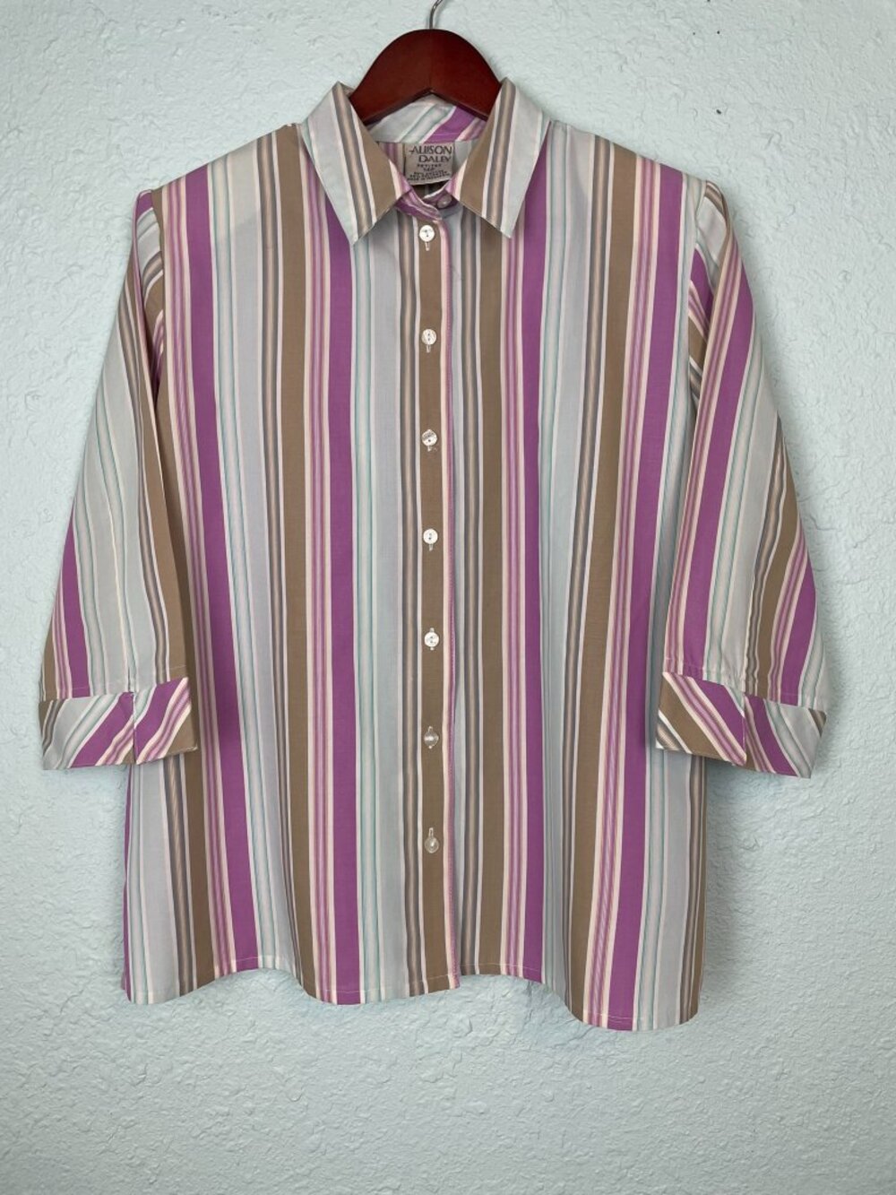 Allison Daley Womens Cotton Button up 3/4 Sleeve Collared Blouse 14P Striped 213